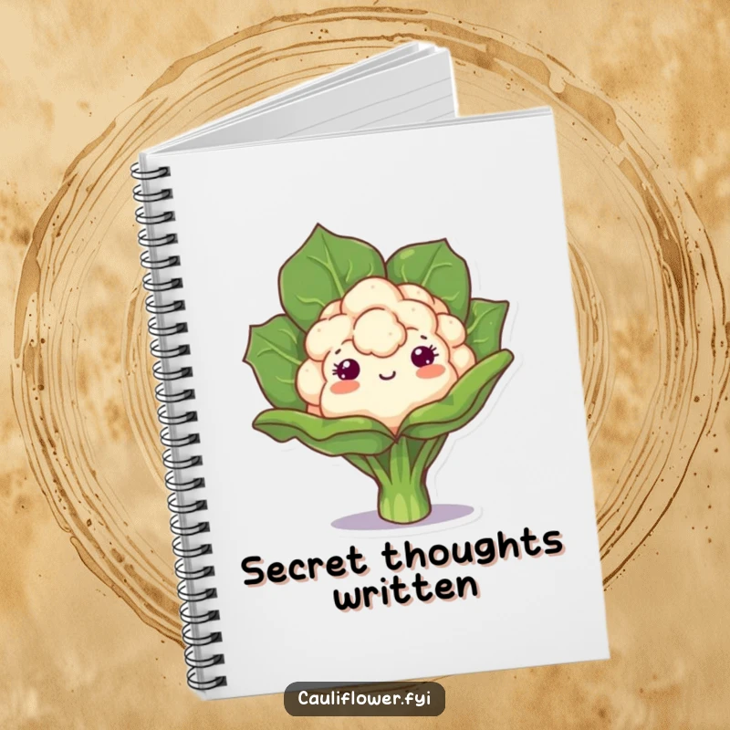 Funny notebook with a kawaii cauliflower playfully peeking from behind a leaf, perfect for jotting down ideas with playful charm.