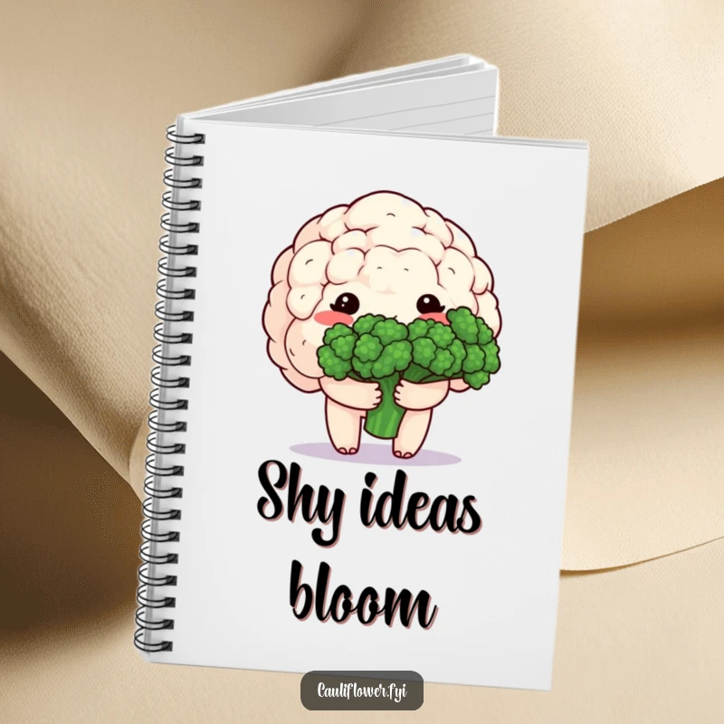 Funny notebook cover featuring a shy, blushing kawaii cauliflower character holding a bouquet of broccoli, inspiring sweet thoughts.