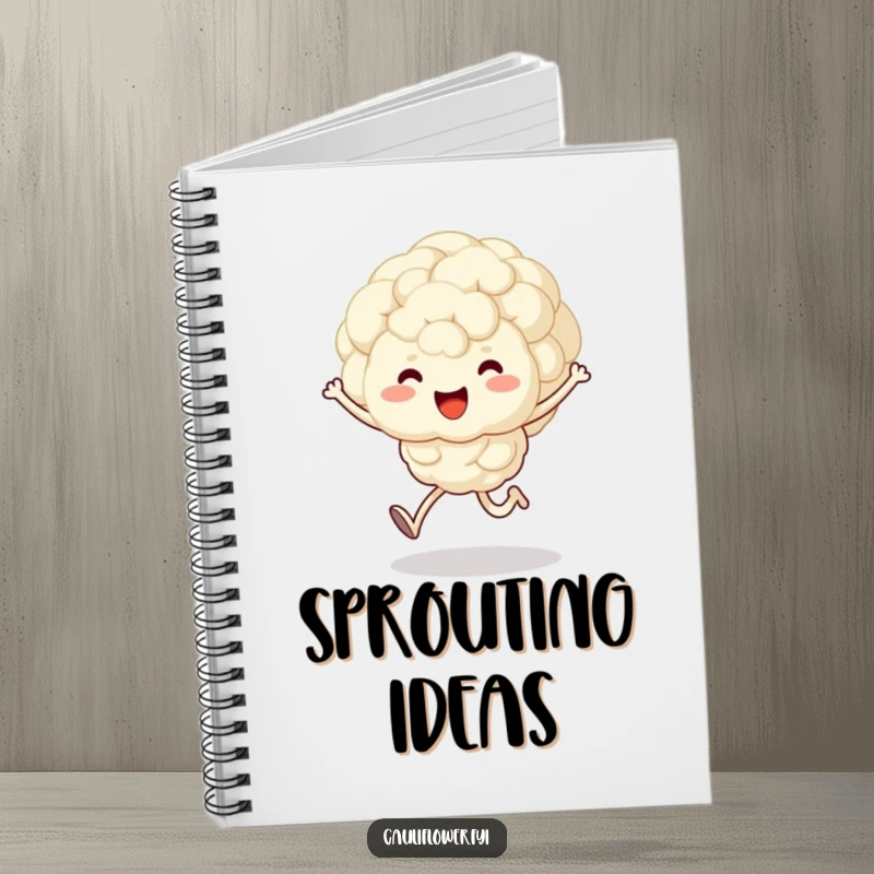 Funny notebook cover featuring a fluffy, kawaii cauliflower character joyfully skipping, inspiring happy notes and thoughts.