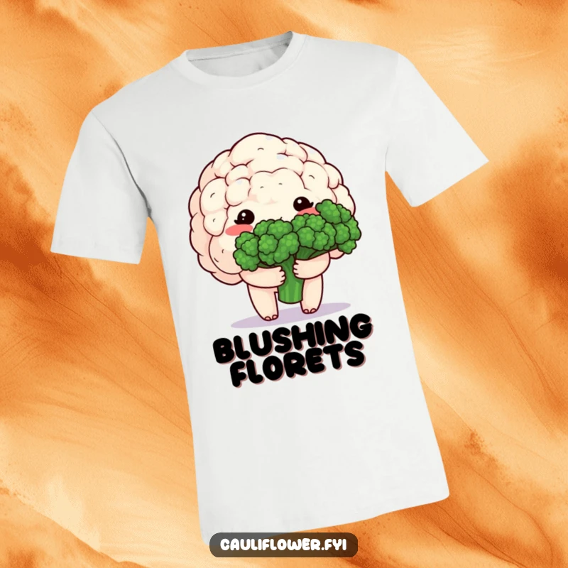 Funny t-shirt showing a shy, blushing kawaii cauliflower character holding a delicate bouquet of broccoli, symbolizing sweet affection.
