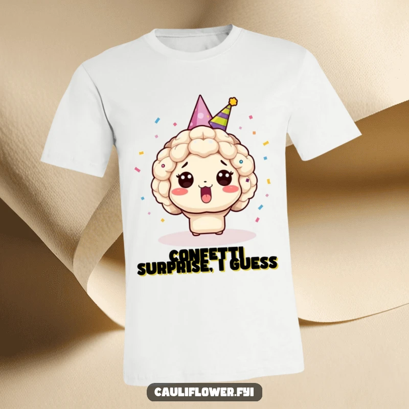 Funny Kawaii cauliflower in a party hat, surprised and covered in bursting confetti, a quirky tee.