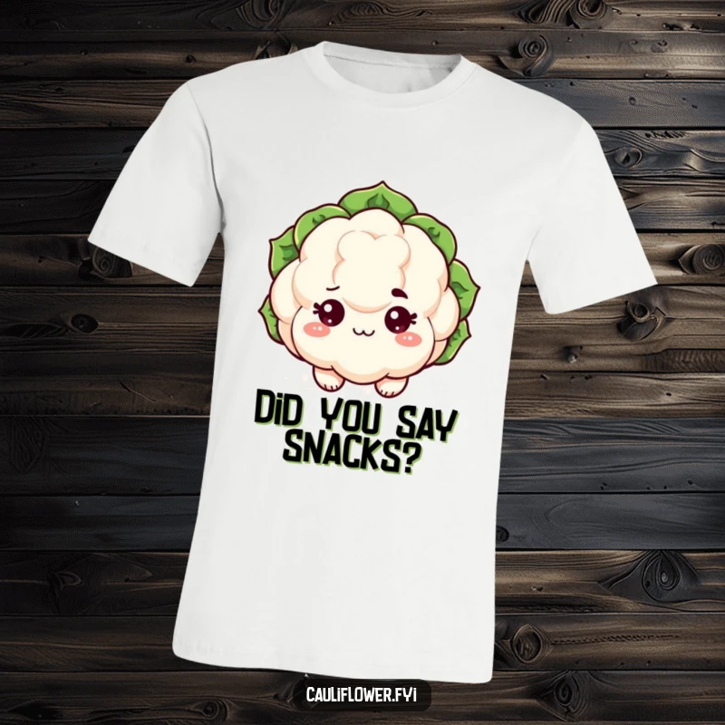 Funny kawaii cauliflower t-shirt featuring sparkling eyes and a raised eyebrow, a sassy and humorous veggie top.