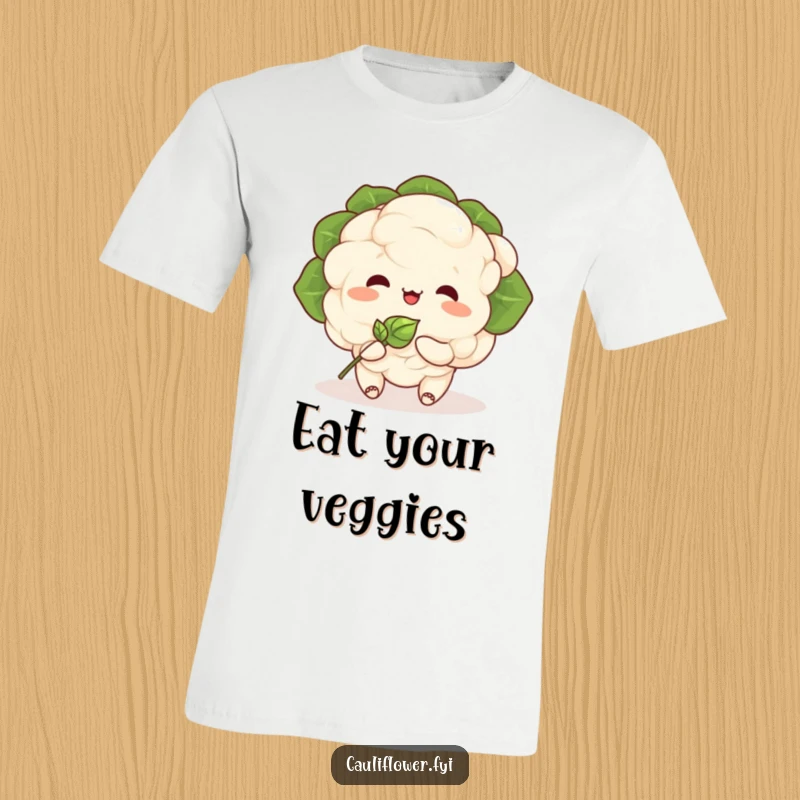 Funny Kawaii cauliflower character enjoying a meal with a tiny, smiling sprout, printed on a soft t-shirt.