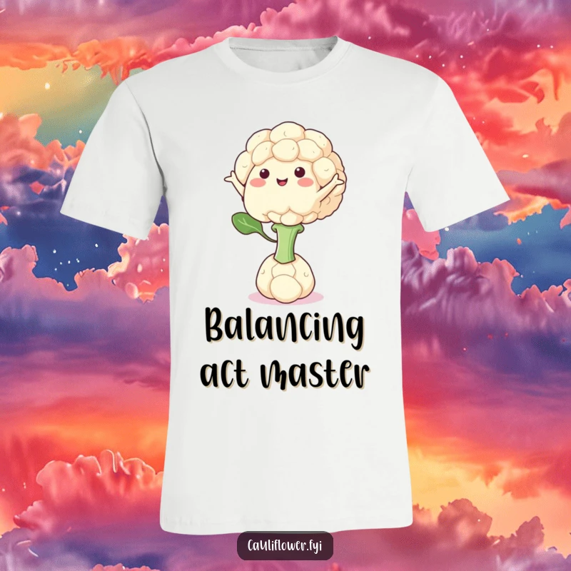 Funny t-shirt print of a cauliflower character in a delicate balancing act on one floret, arms outstretched.