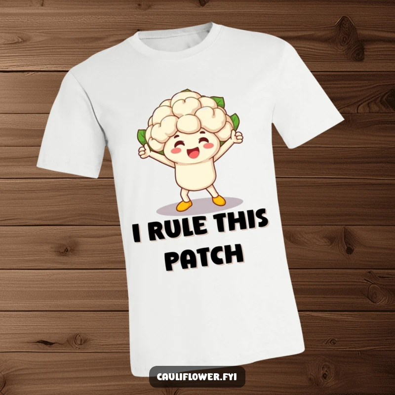 Funny cauliflower character in a triumphant pose after winning a vegetable race, printed on a comfortable, humorous t-shirt.