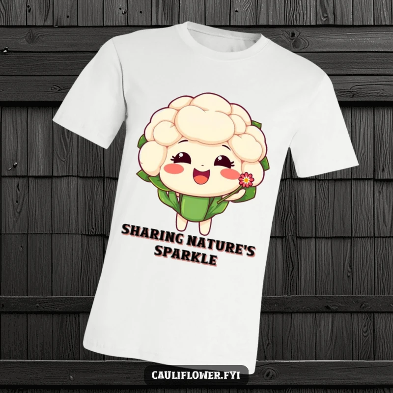Funny t-shirt print of a cauliflower character with a delighted expression, presenting a tiny, sparkling flower.