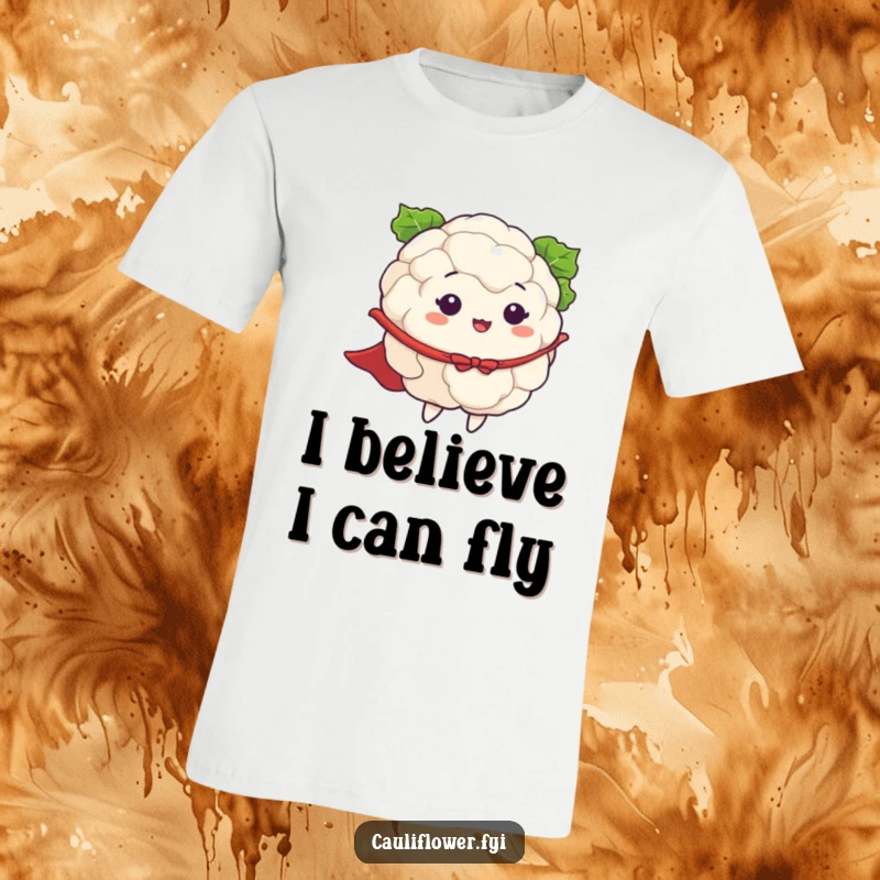 Funny t-shirt displaying a cauliflower with a cape, arms outstretched, dramatically pretending to fly with pure, unadulterated optimism.