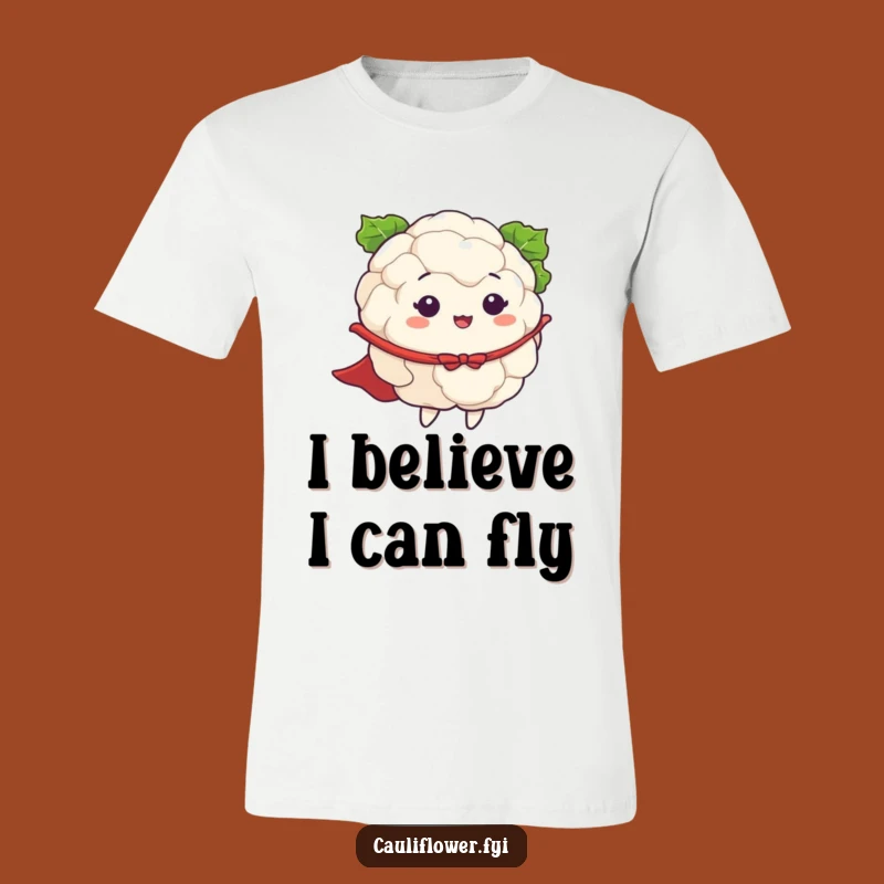 Funny Cauliflower Flying Dreamer Tee: Hilarious Veggie Superhero Shirt