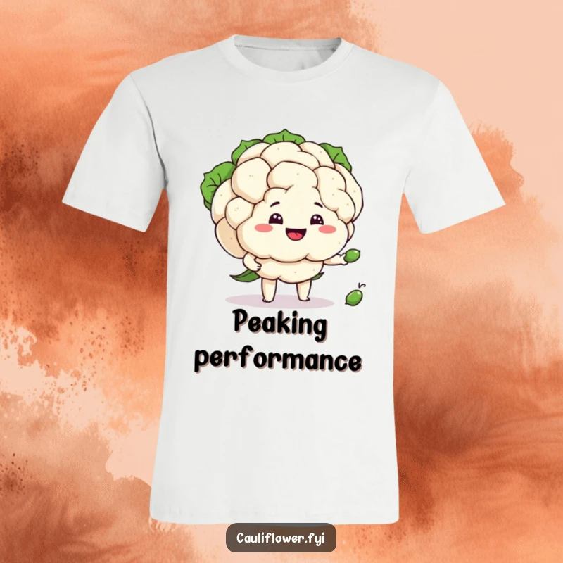 Funny cauliflower character with a silly grin attempting to juggle three peas, a humorous t-shirt.