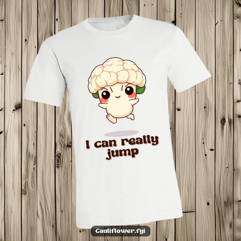 Funny t-shirt showcasing a cauliflower with tiny feet performing an exaggerated, joyful leap, perfect for active and humorous individuals.