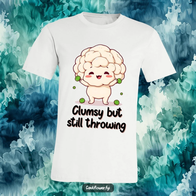 Funny t-shirt depicting a cauliflower in the act of juggling tiny peas, its expression one of joyful, yet clumsy, effort.