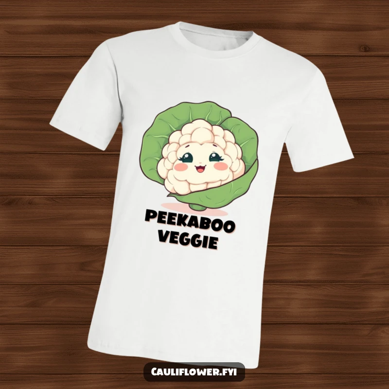 Funny Cauliflower T-Shirt featuring a veggie peeking from behind a leaf, giggling mischievously, perfect for playful souls.