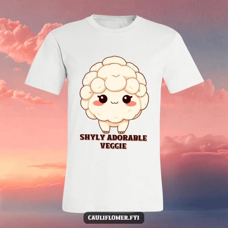 Funny t-shirt with a shy kawaii cauliflower blushing brightly, showcasing sweet bashfulness and rosy cheeks, ideal for a cute funny gift.
