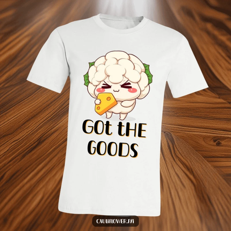Funny T-Shirt showcasing a mischievous kawaii cauliflower character winking playfully while holding a delicious slice of cheese.