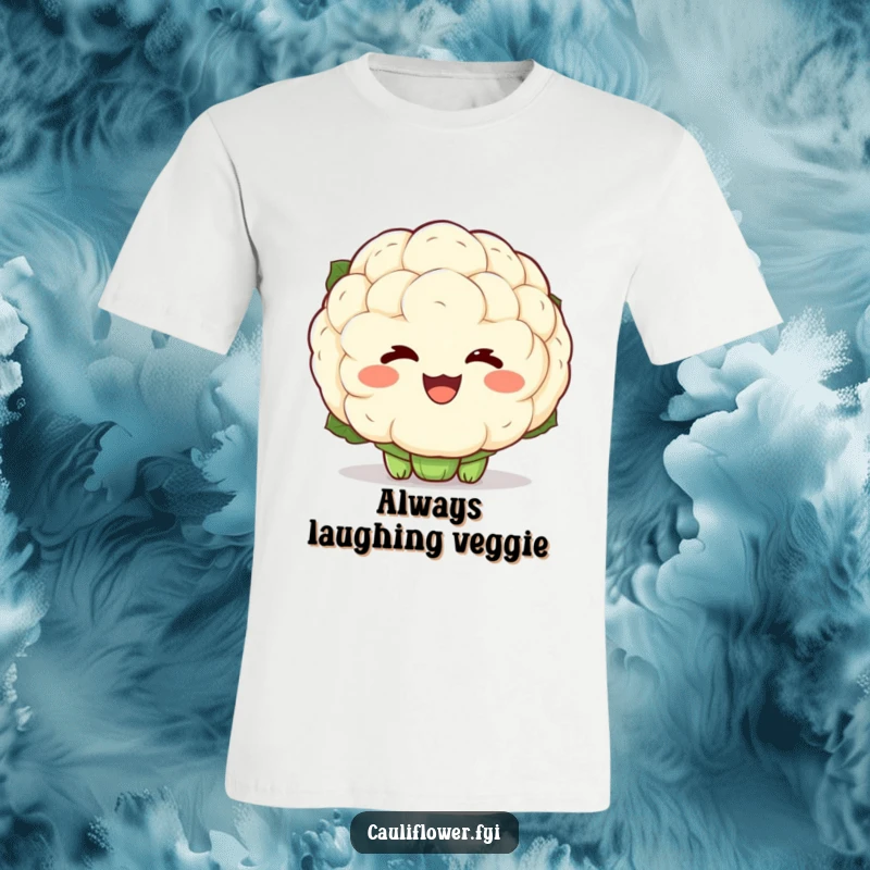 Funny t-shirt with a kawaii cauliflower showing exaggerated laughter lines, embodying pure joy and infectious happiness, ideal for a funny gift.