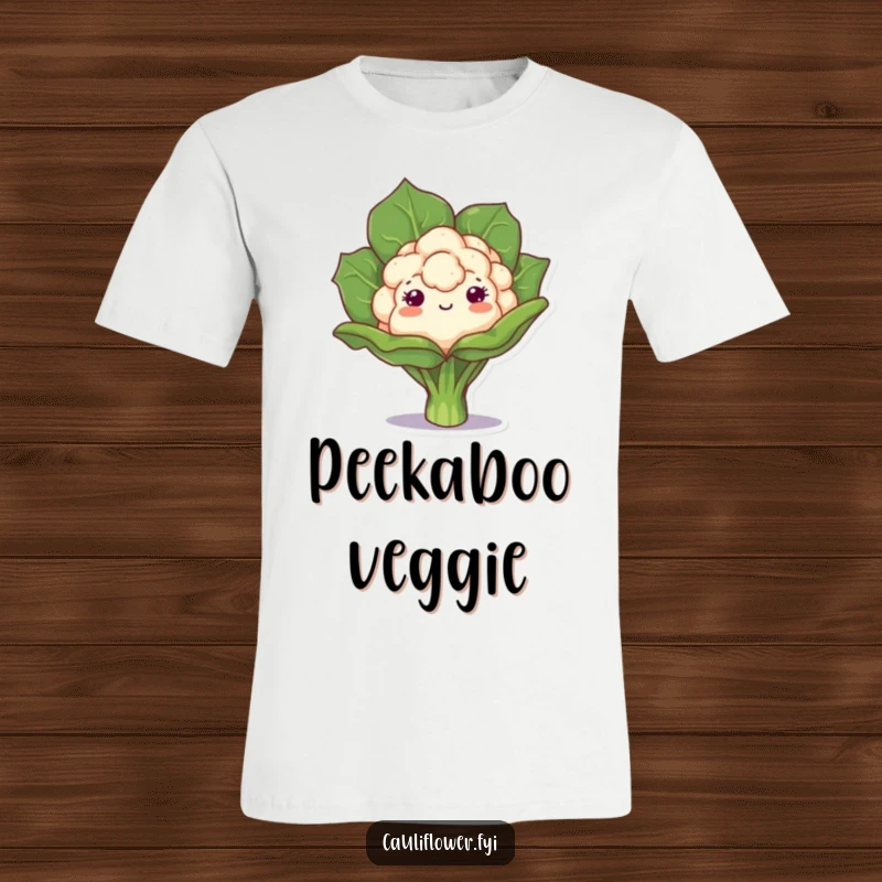 Funny t-shirt with a kawaii cauliflower peeking from behind a leaf, embodying playful curiosity and charming humor, ideal for a funny gift.