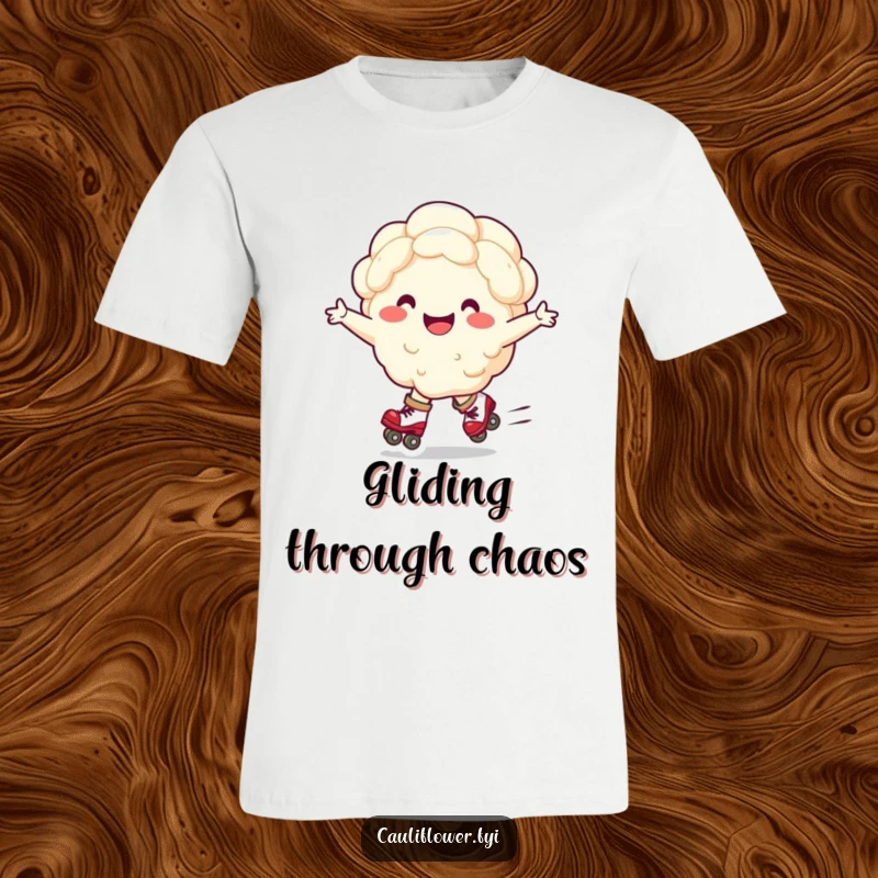 Funny T-shirt showcasing a happy cauliflower character on roller skates, arms outstretched, celebrating movement and laughter.
