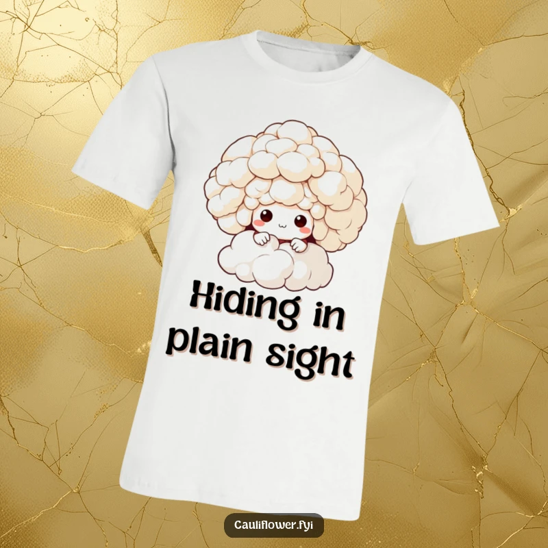 Funny t-shirt featuring a cauliflower character playfully peeking out from behind a giant, fluffy cloud, full of curiosity.