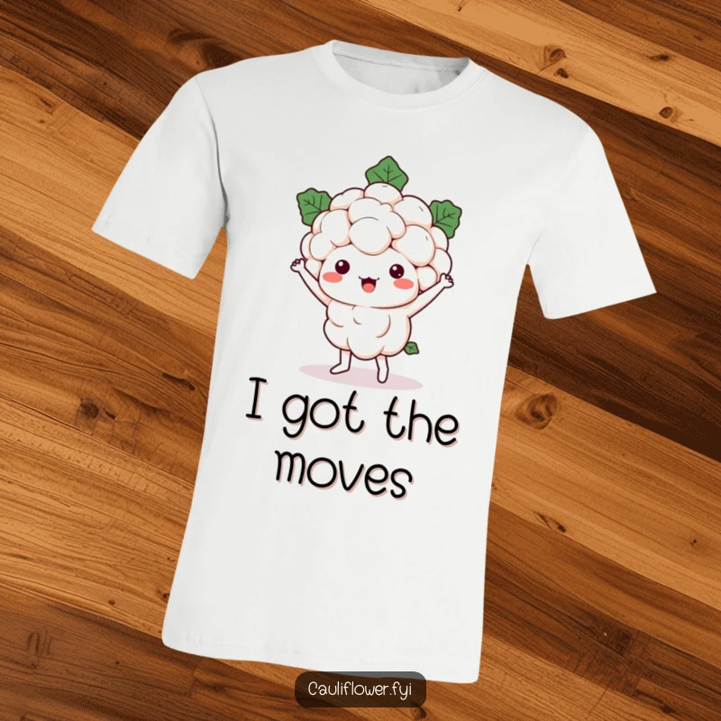 Funny Kawaii cauliflower character performing a super silly dance, its florets wobbling with every energetic move on a t-shirt.