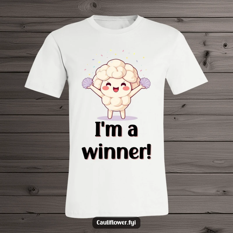 Funny T-Shirt showcasing a kawaii cauliflower character in athletic gear, cheering with pom-poms and sparkly confetti, radiating pure excitement.