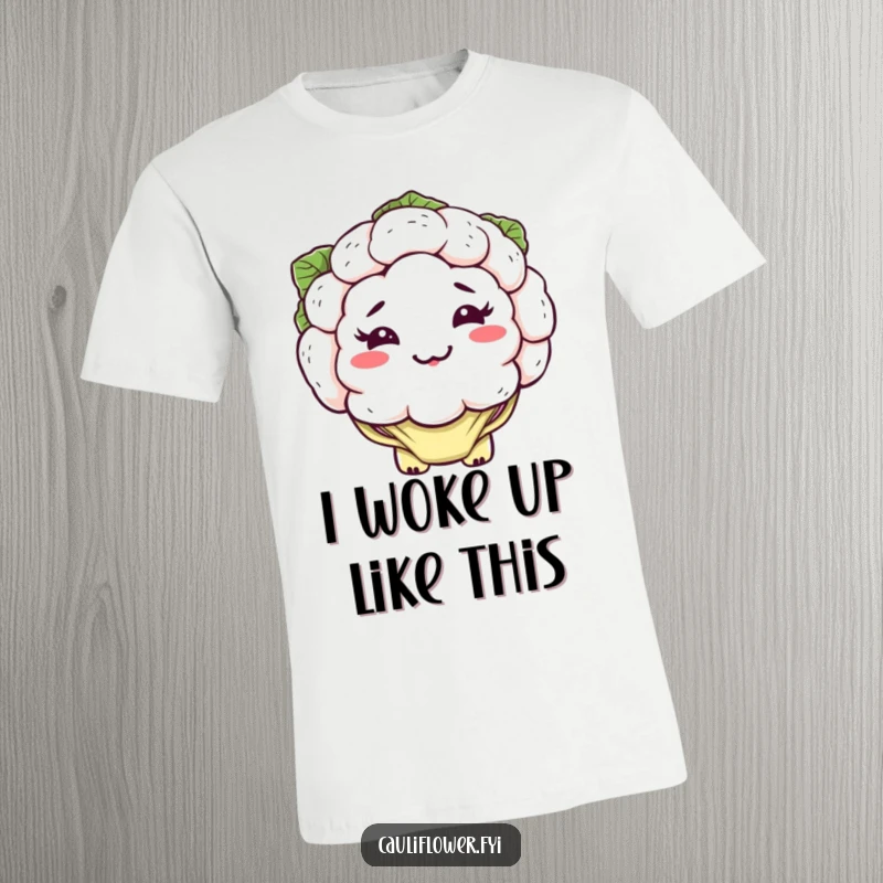 Funny kawaii cauliflower t-shirt showcasing a silly, lopsided grin and floppy leaves, a comical veggie top.