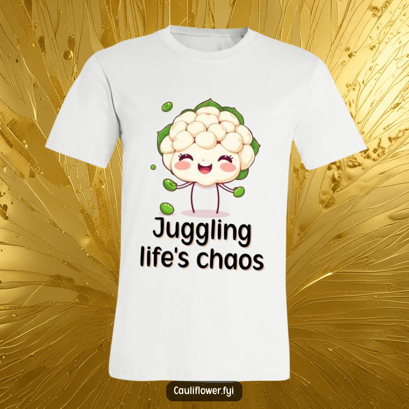 Funny Cauliflower T-Shirt featuring a happy veggie head skillfully juggling peas, perfect for showing off talent with humor.