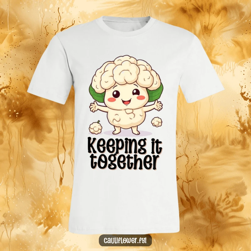 Smiling cauliflower character juggling three little florets, demonstrating skill and humor, great funny gift.