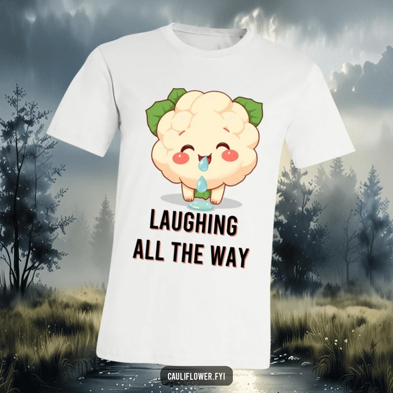 Funny t-shirt depicting a cauliflower piece giggling uncontrollably while perfectly balancing a dewdrop, conveying lighthearted joy.