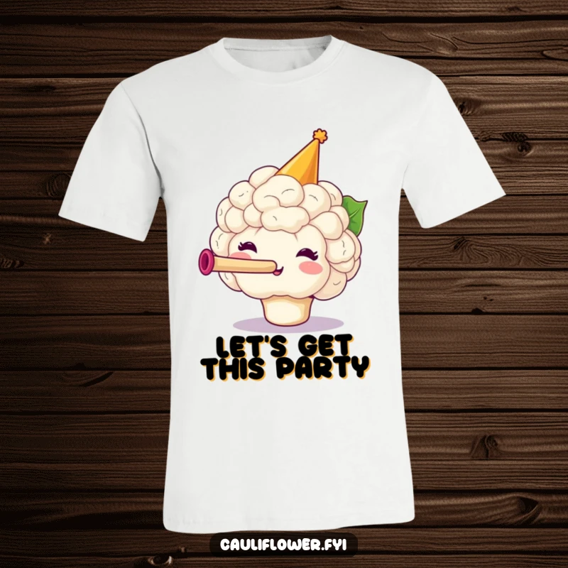 Funny Cauliflower T-Shirt showing a festive veggie in a party hat blowing a horn, perfect for spreading cheer.