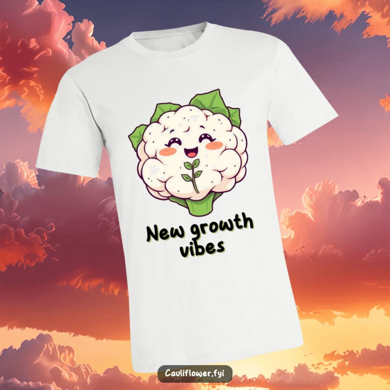 Funny t-shirt showing a smiling cauliflower proudly presenting a tiny, happy cauliflower seedling sprouting from its top, a symbol of growth.