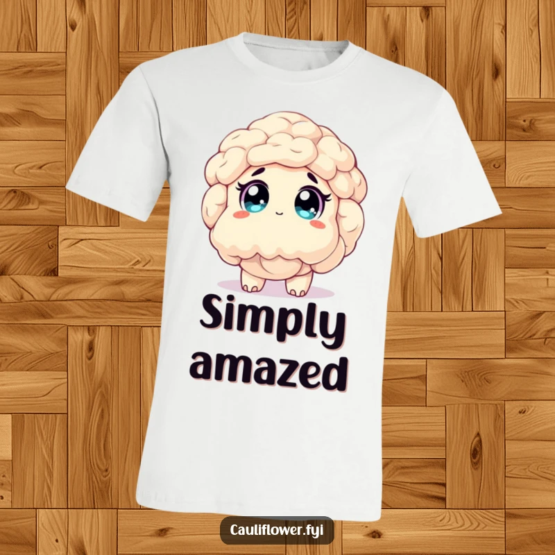 Funny T-shirt of a cauliflower character gazing upwards with huge, sparkling eyes, full of innocent wonder and fascination.