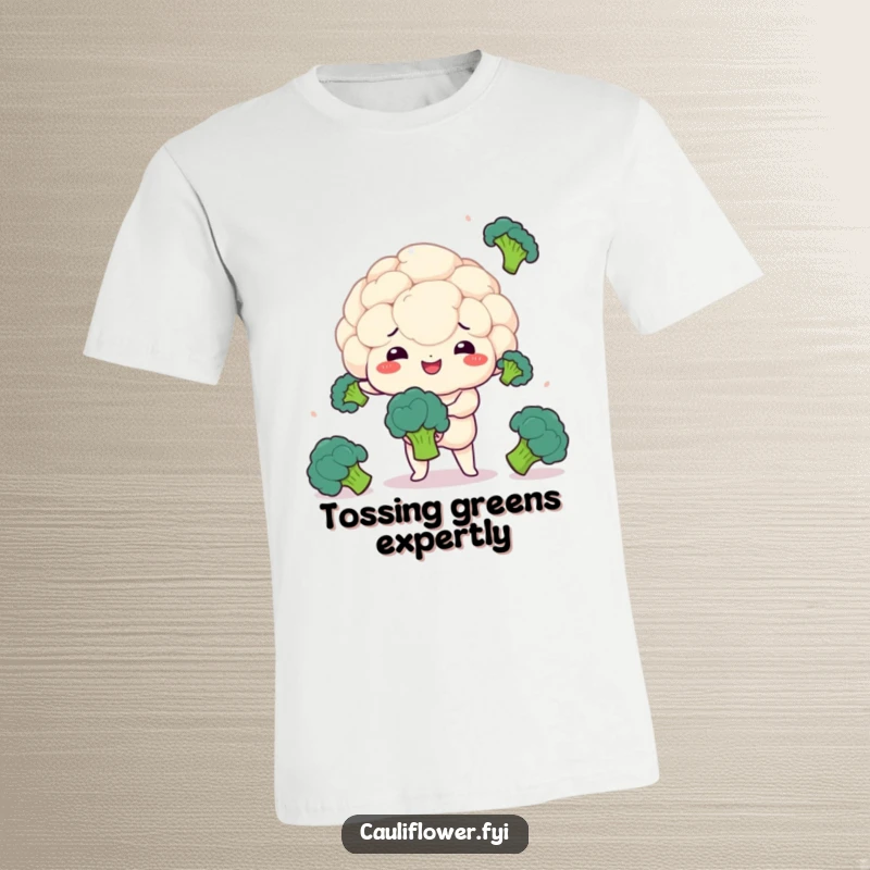 Funny T-shirt showing a kawaii cauliflower juggling broccoli florets with cheerful focus and a grin.