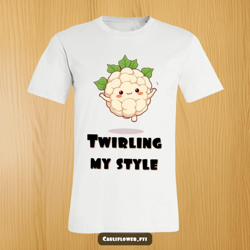Funny t-shirt featuring a kawaii cauliflower character doing a comical pirouette with leaves gracefully swirling around.