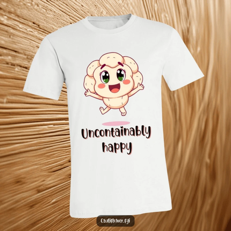 Funny happy cauliflower with wide eyes jumping for joy, a cheerful and humorous t-shirt.