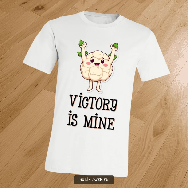 Funny cauliflower striking a triumphant pose with sprout arms raised, showcasing its victorious and joyful spirit.