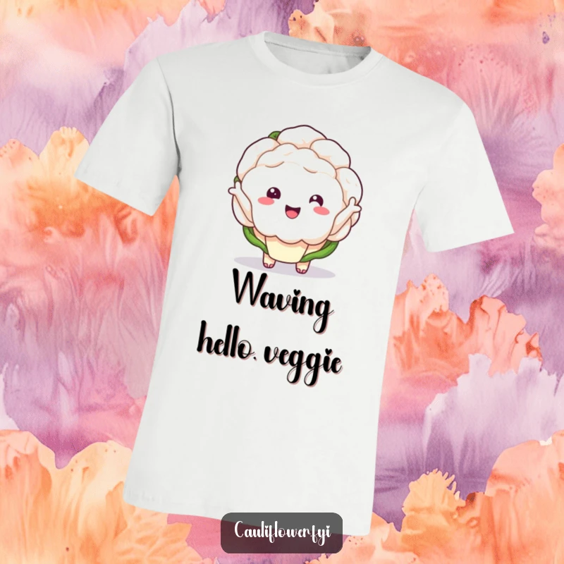 Funny kawaii cauliflower with tiny arms waving enthusiastically on a t-shirt.