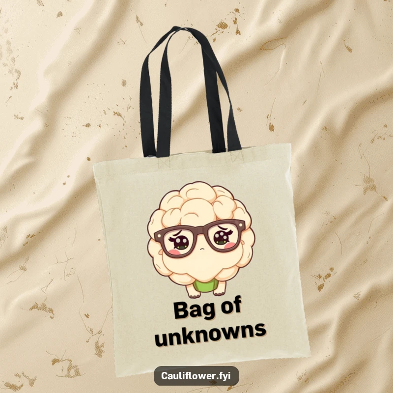 Funny kawaii cauliflower wearing oversized glasses and looking confused on a tote bag.