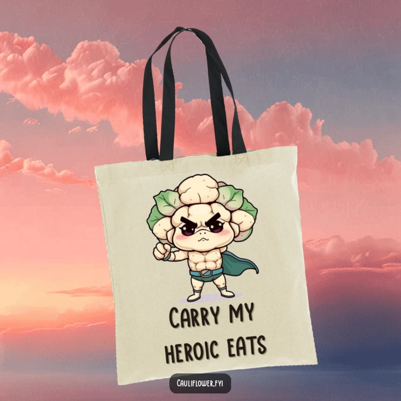 Funny Cauliflower Tote Bag featuring a determined veggie hero in a powerful superhero pose, perfect for carrying essentials with humorous flair.