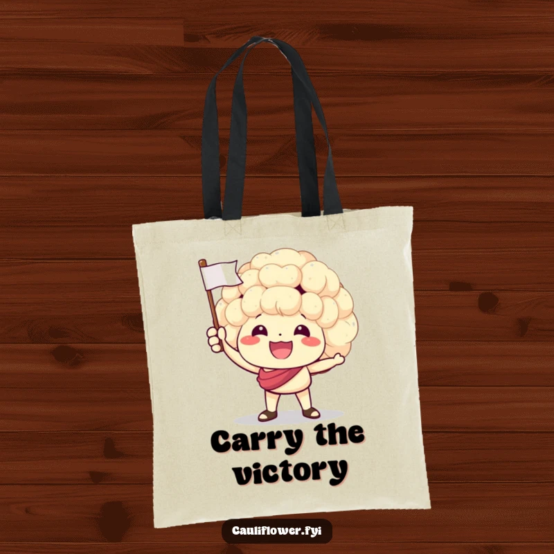 Funny tote bag with a smiling cauliflower character waving a tiny flag, radiating positivity and celebratory energy.