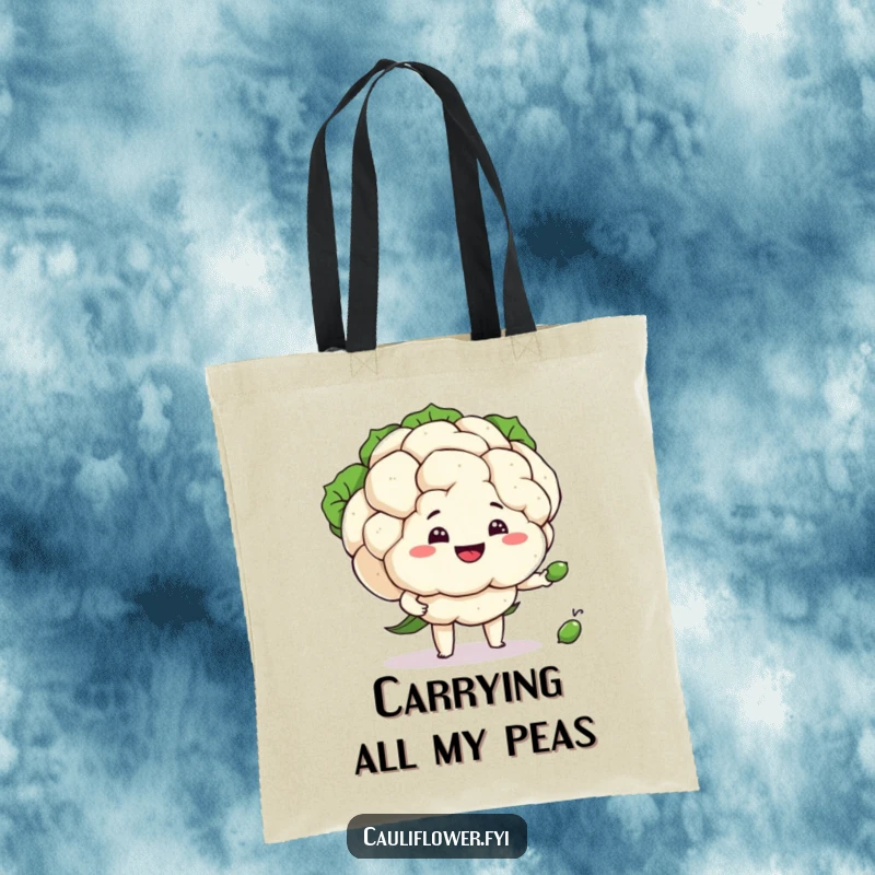 Funny cauliflower juggling peas with a silly grin, a humorous and functional tote bag.