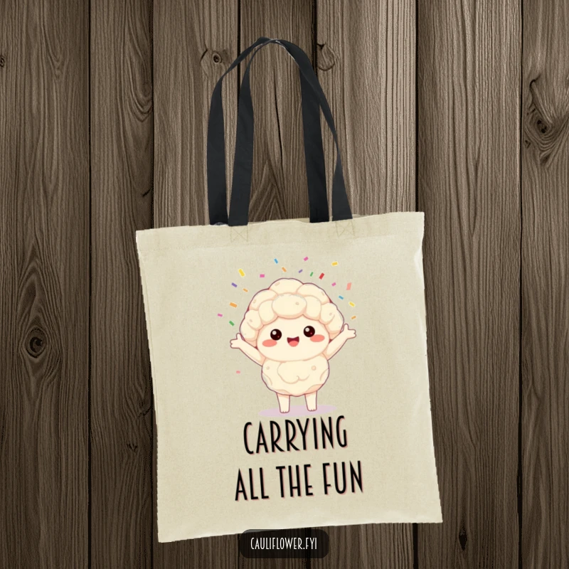 Funny Kawaii cauliflower tote bag featuring a happy veggie joyfully spinning a cascade of colorful confetti, great for shopping.