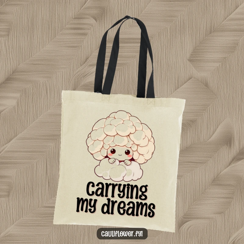 Funny tote bag with a cauliflower character peeking from behind a cloud, perfect for carrying items with a touch of mystery.