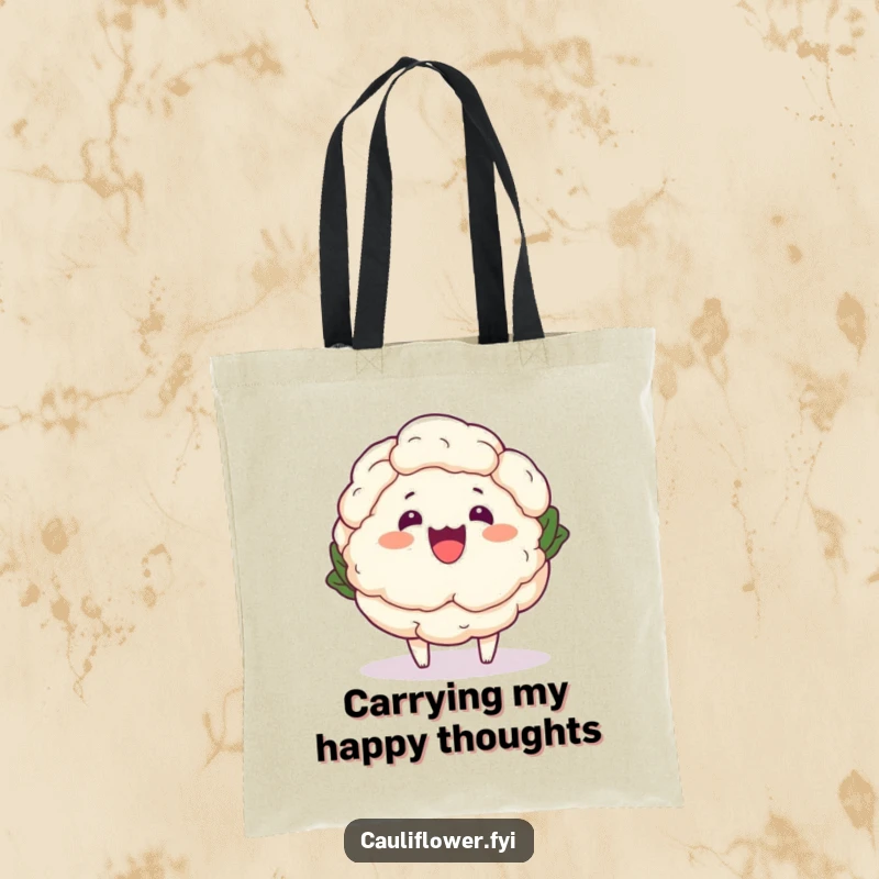 Funny Kawaii Cauliflower Tote Bag - A cute cartoon cauliflower wobbling humorously, ideal for a stylish and funny shopping gift.