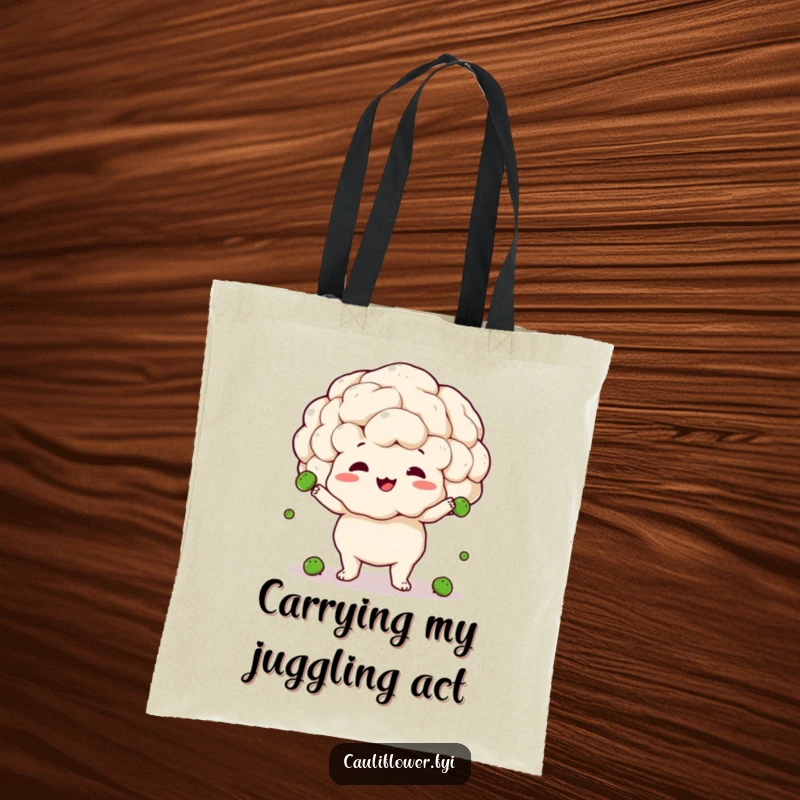 Funny tote bag illustrating a cauliflower attempting to juggle peas with clumsy but happy focus, perfect for carrying everyday items.