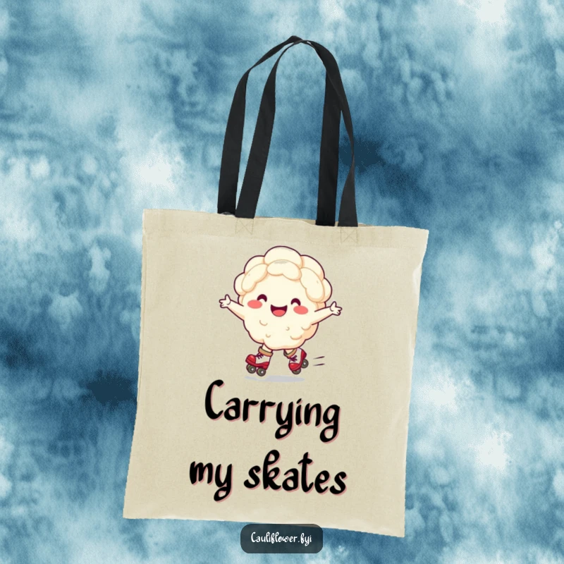 Funny tote bag featuring a cheerful cauliflower character on roller skates, arms wide, ready for adventure and smiles.
