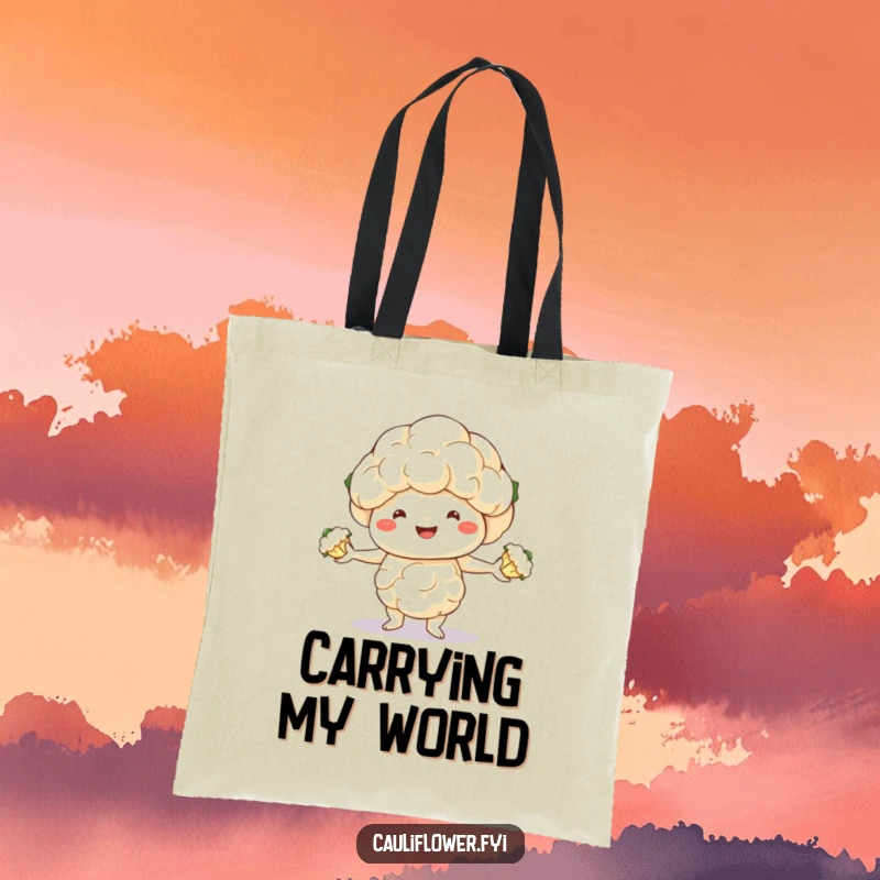 Funny tote bag with a smiling cauliflower juggling three florets, ideal for carrying essentials with a touch of humor.