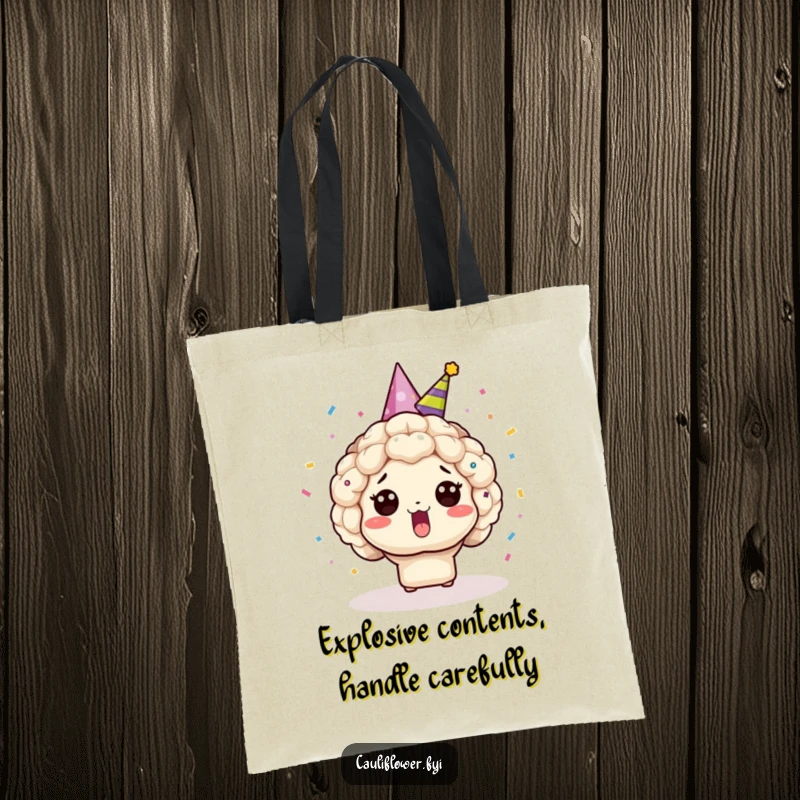 Funny Kawaii cauliflower wearing a party hat, surprised by confetti explosion, a humorous and practical tote.