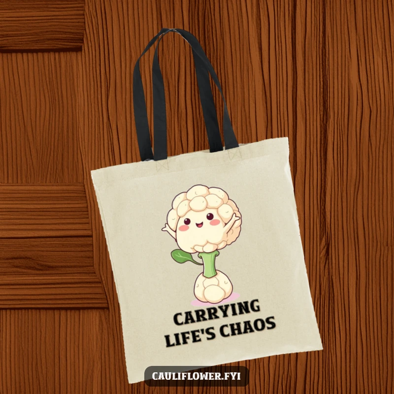 Funny tote bag showcasing a cauliflower character perfectly balanced on a single floret, arms outstretched elegantly.