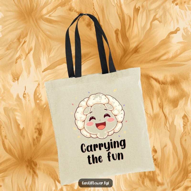 Funny tote bag showing a cauliflower face with rosy cheeks and a big smile, throwing a cascade of confetti.