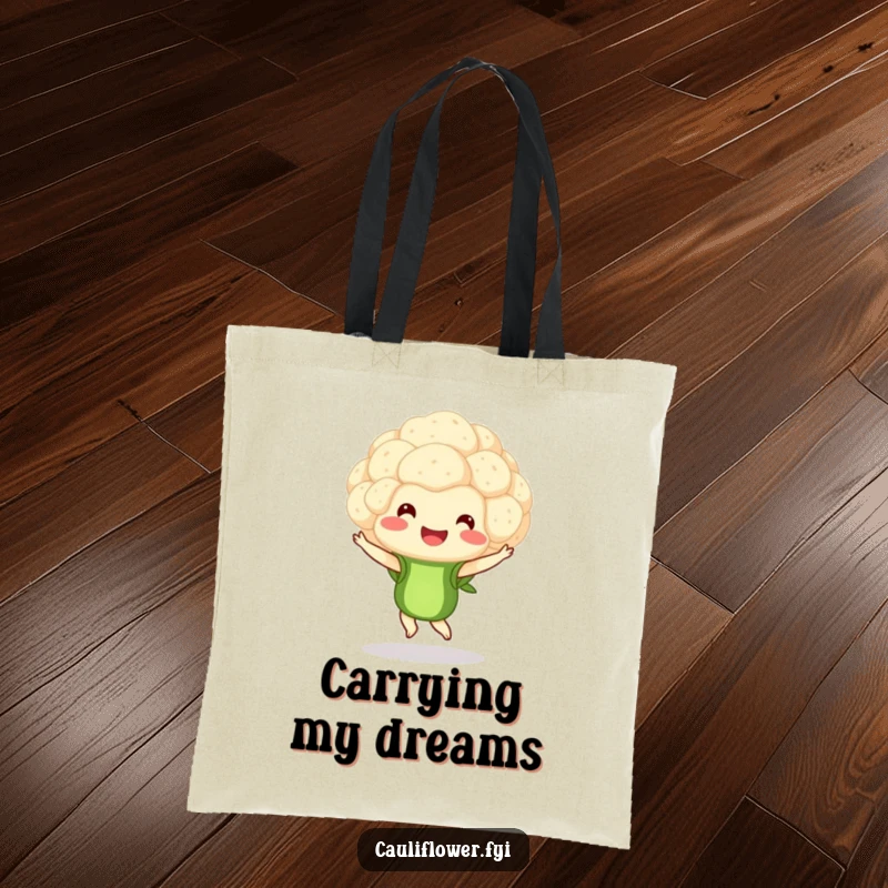 Funny tote bag featuring a smiling cauliflower floret performing a ballet pirouette, ideal for carrying goods with whimsical elegance.
